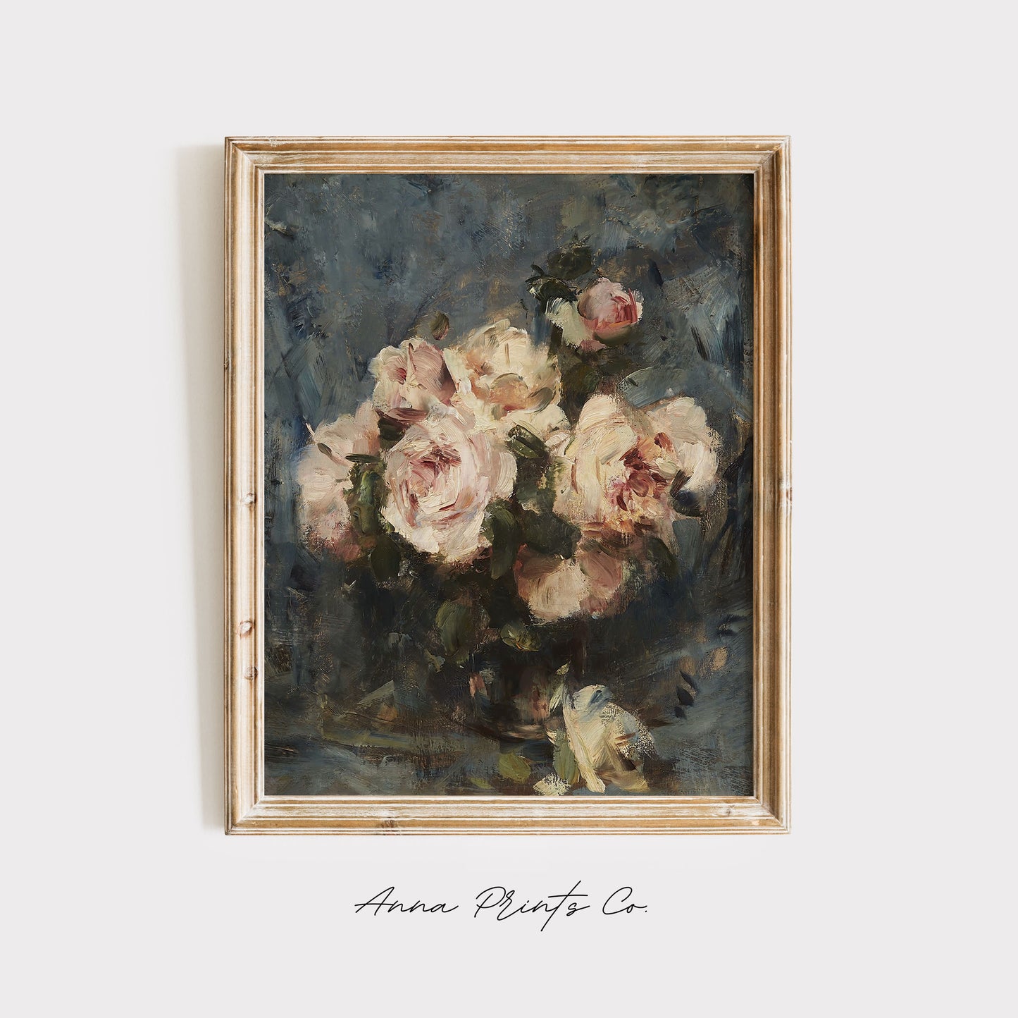 Vintage art print of Still Life with Roses Moody Painting displayed in wooden frame