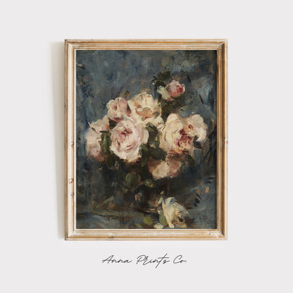 Vintage art print of Still Life with Roses Moody Painting displayed in wooden frame