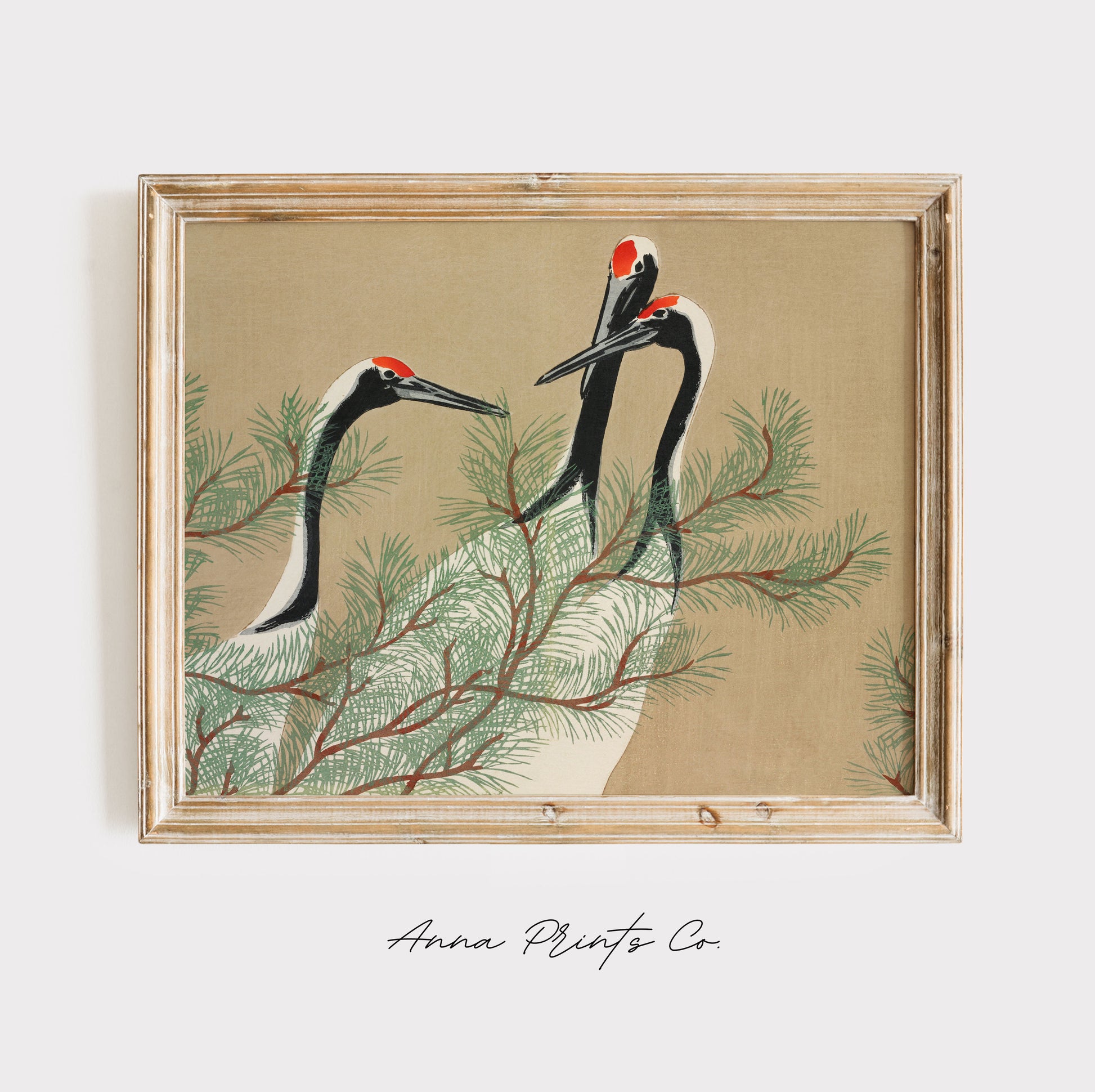 Vintage art print of Momoyogusa Japanese Crane Artwork displayed in wooden frame