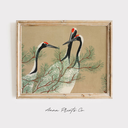 Vintage art print of Momoyogusa Japanese Crane Artwork displayed in wooden frame