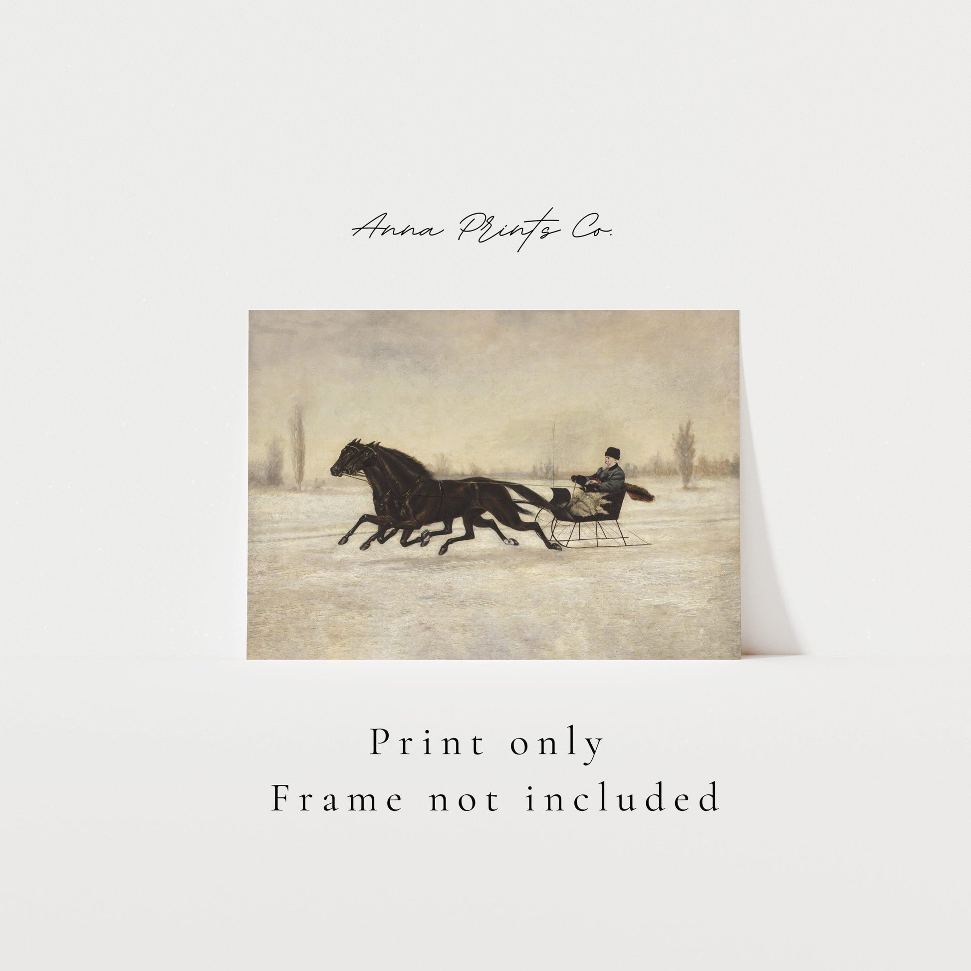 Vintage art print of Winter Sleigh Landscape Painting with text overlay stating frame not included