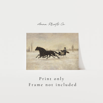 Vintage art print of Winter Sleigh Landscape Painting with text overlay stating frame not included
