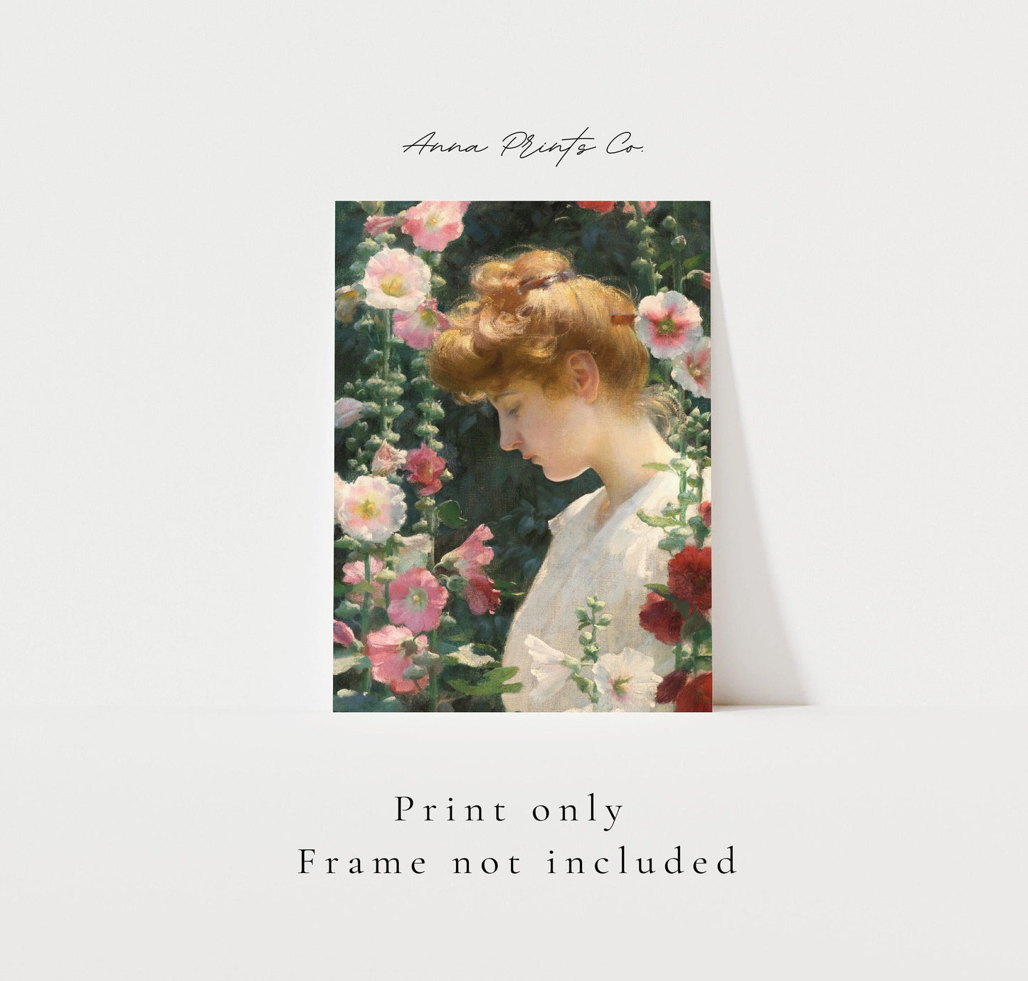 Vintage art print of Woman in Garden Painting with text overlay stating frame not included