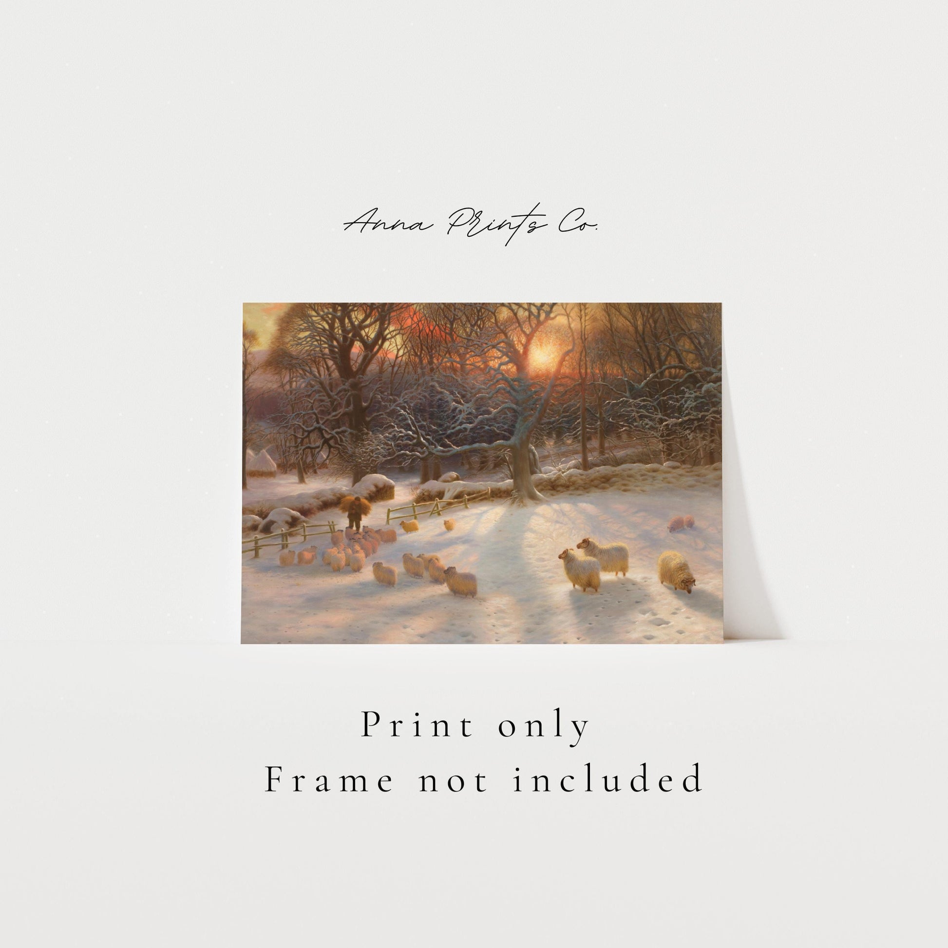 Vintage art print of Winter Landscape with Sheep with text overlay stating frame not included