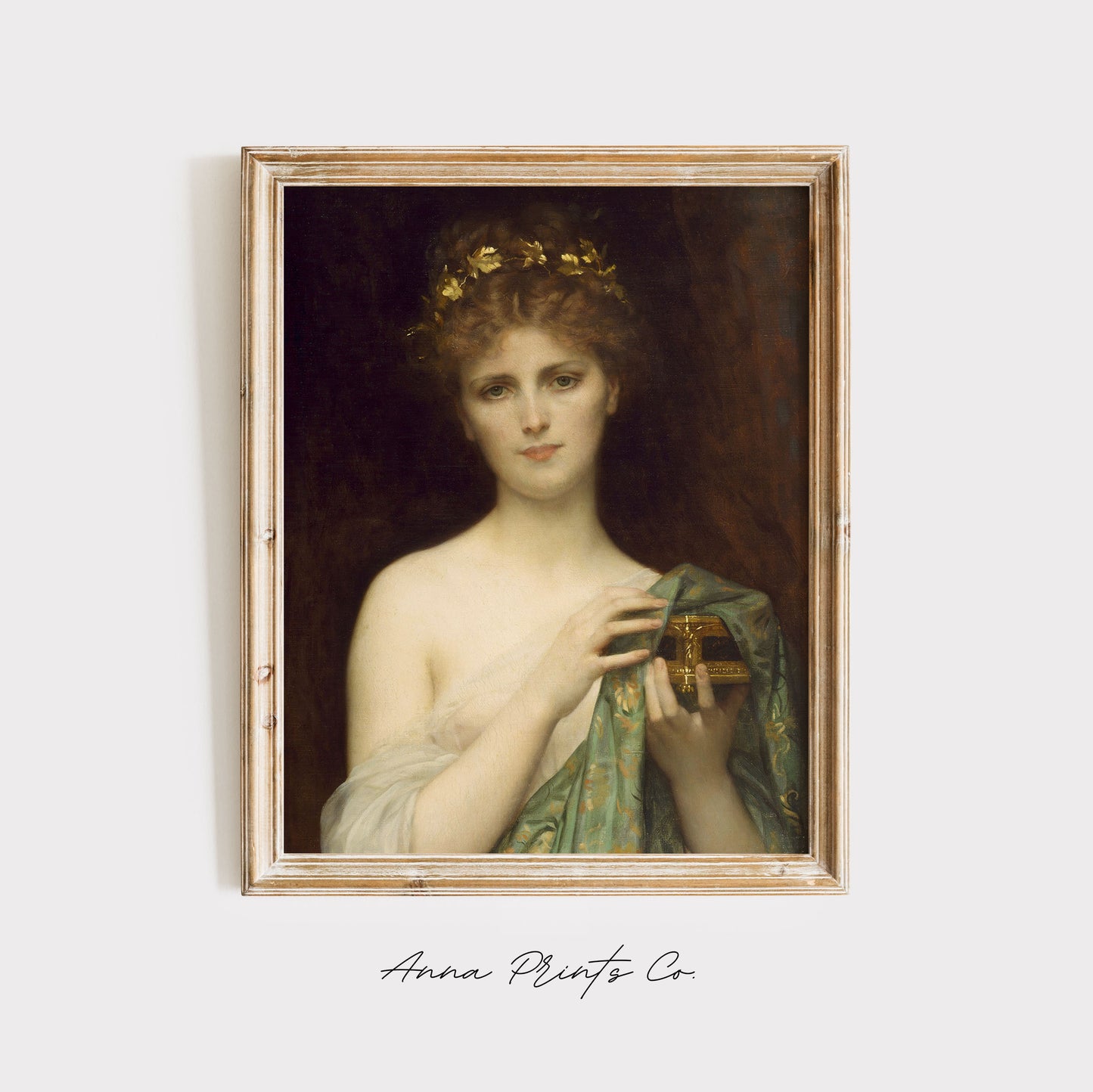 Vintage art print of Pandora Classical Painting by Cabanel displayed in wooden frame