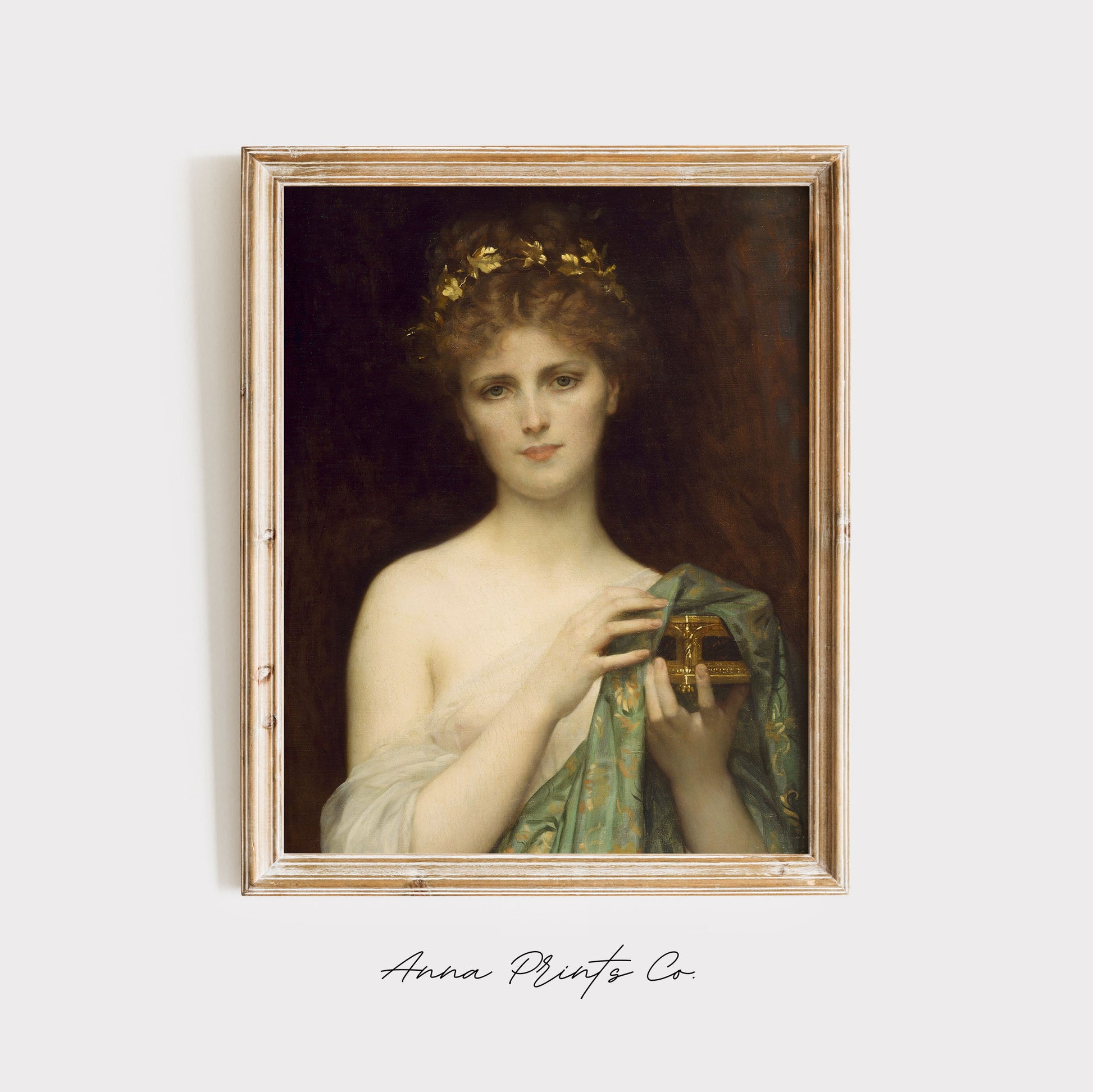 Vintage art print of Pandora Classical Painting by Cabanel displayed in wooden frame