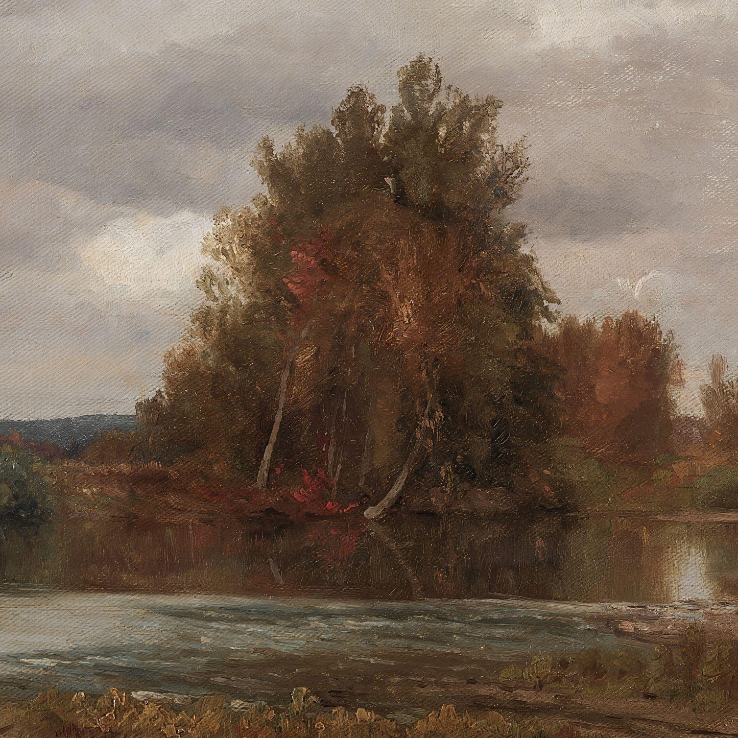 Painting of a landscape with trees by a body of water under a cloudy sky.