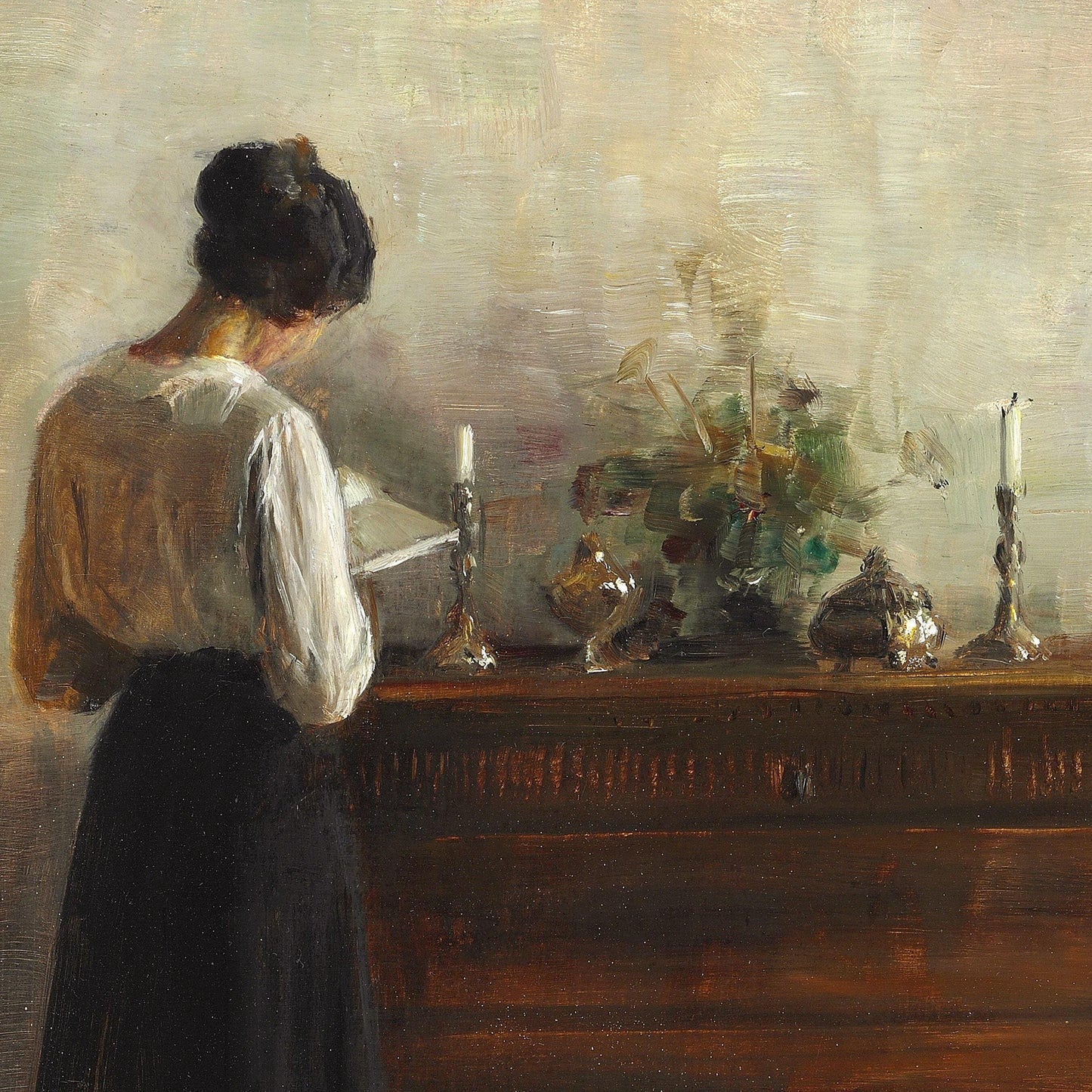 Painting of a woman standing at a table with decorative items and candles.