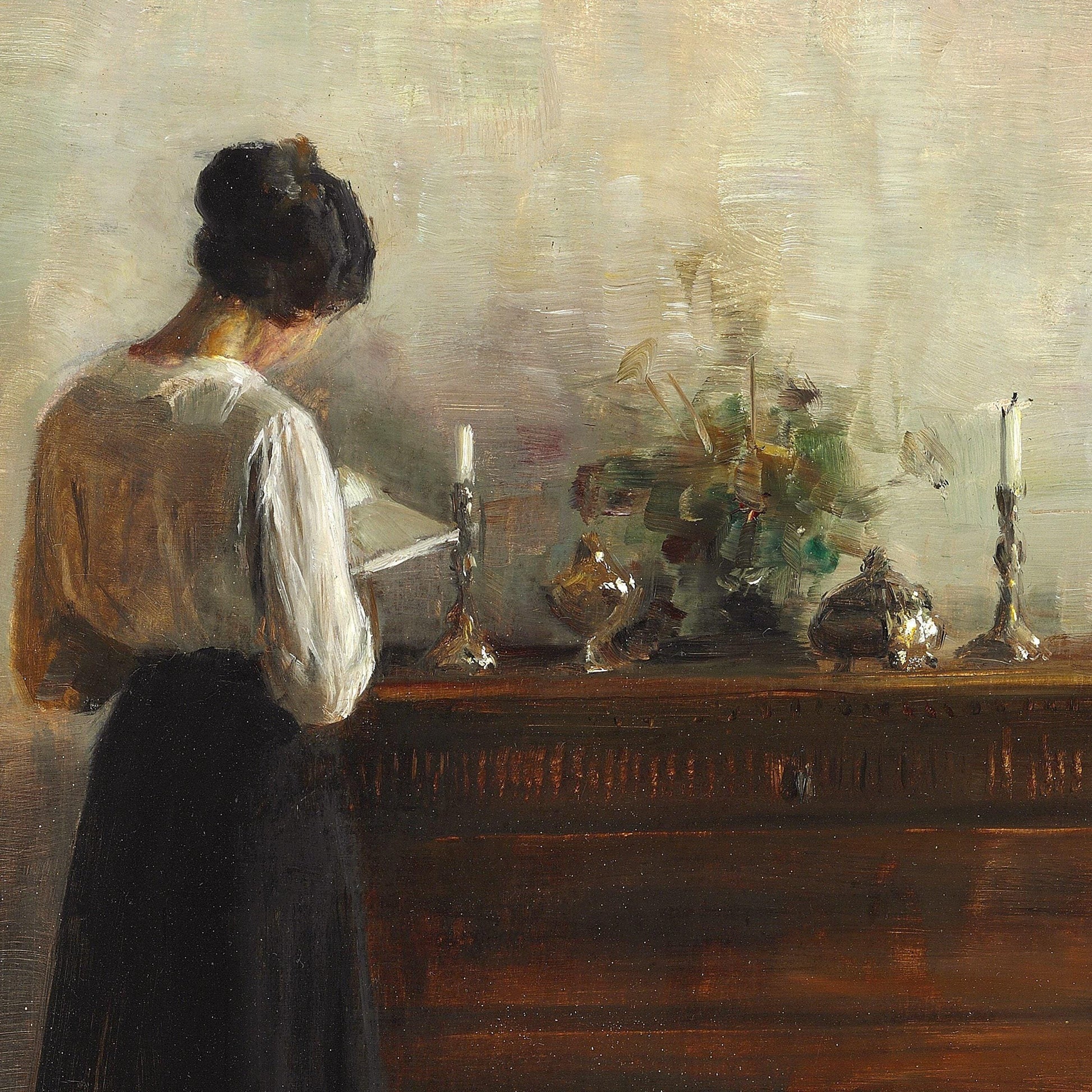 Painting of a woman standing at a table with decorative items and candles.