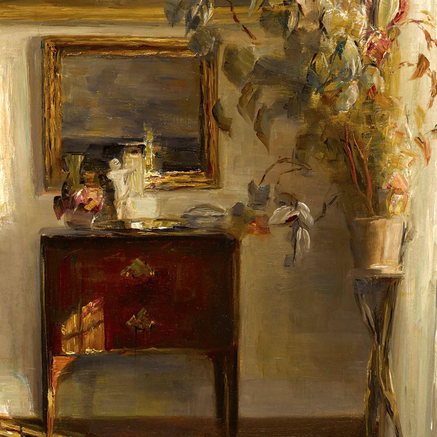 Artistic depiction of a room interior with a mirror, table, and decorative items.
