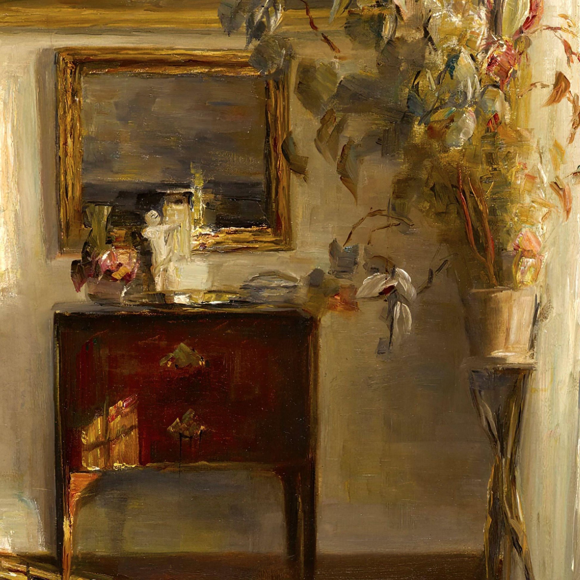Artistic depiction of a room interior with a mirror, table, and decorative items.