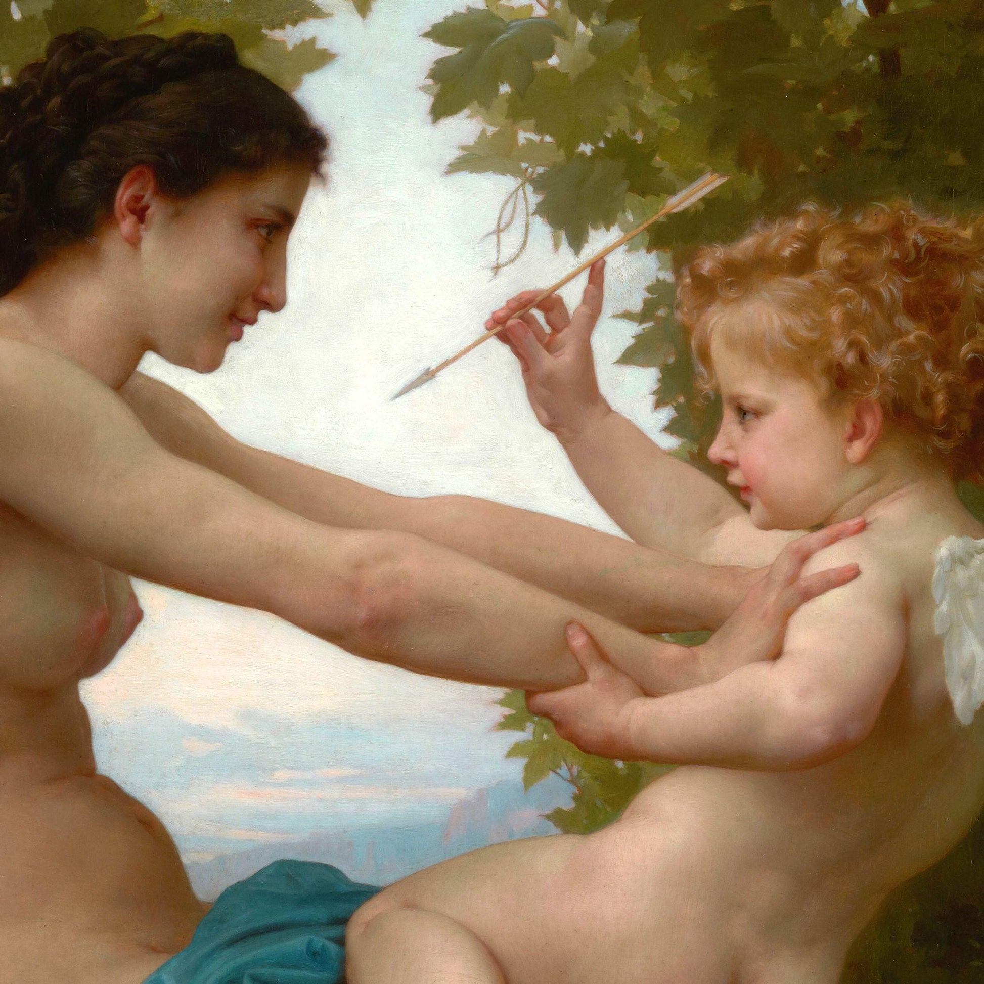 classical painting of a woman and child with a bow and arrow