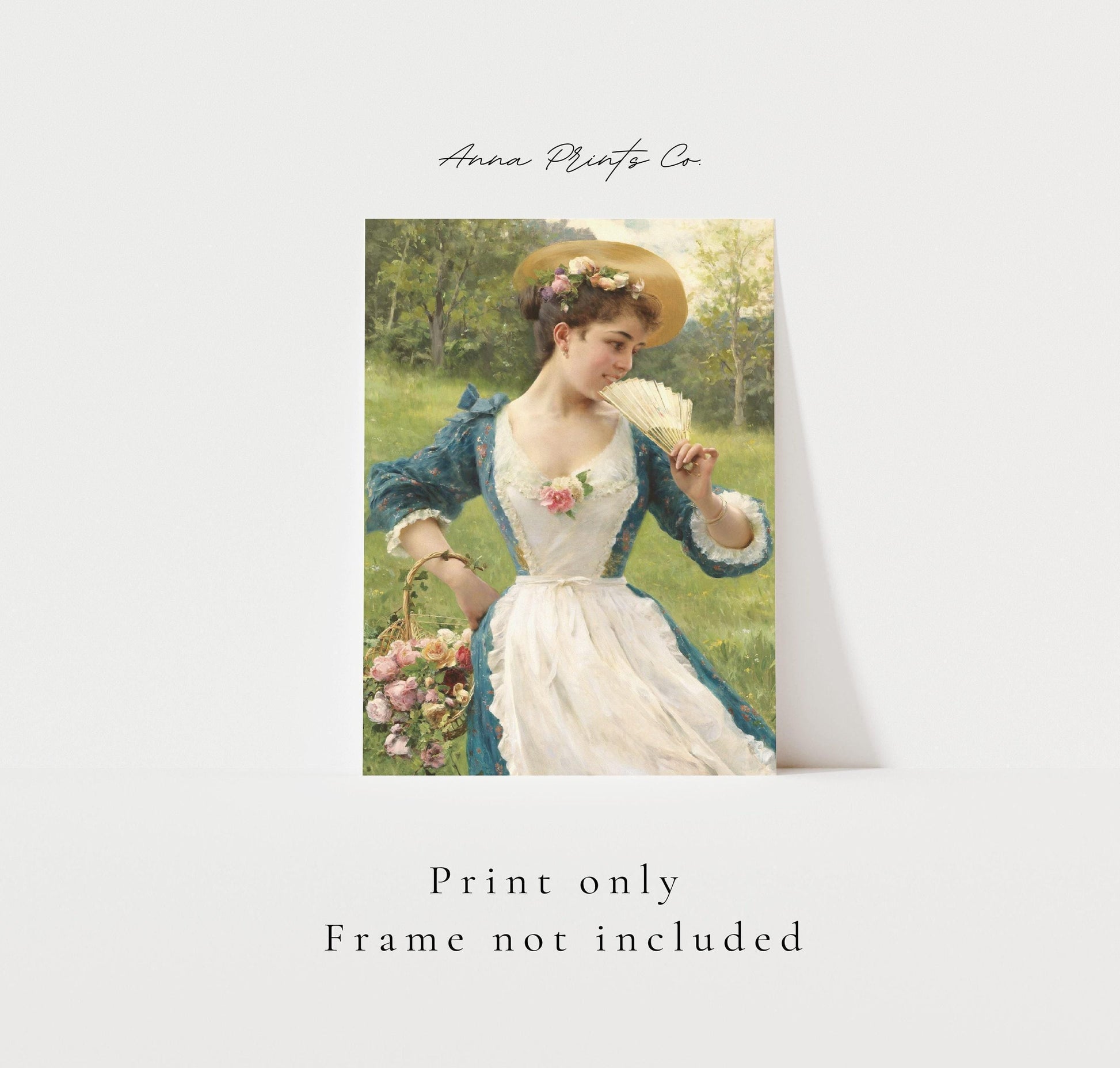 Vintage art print of Girl with Flowers Cottage Painting with text overlay stating frame not included