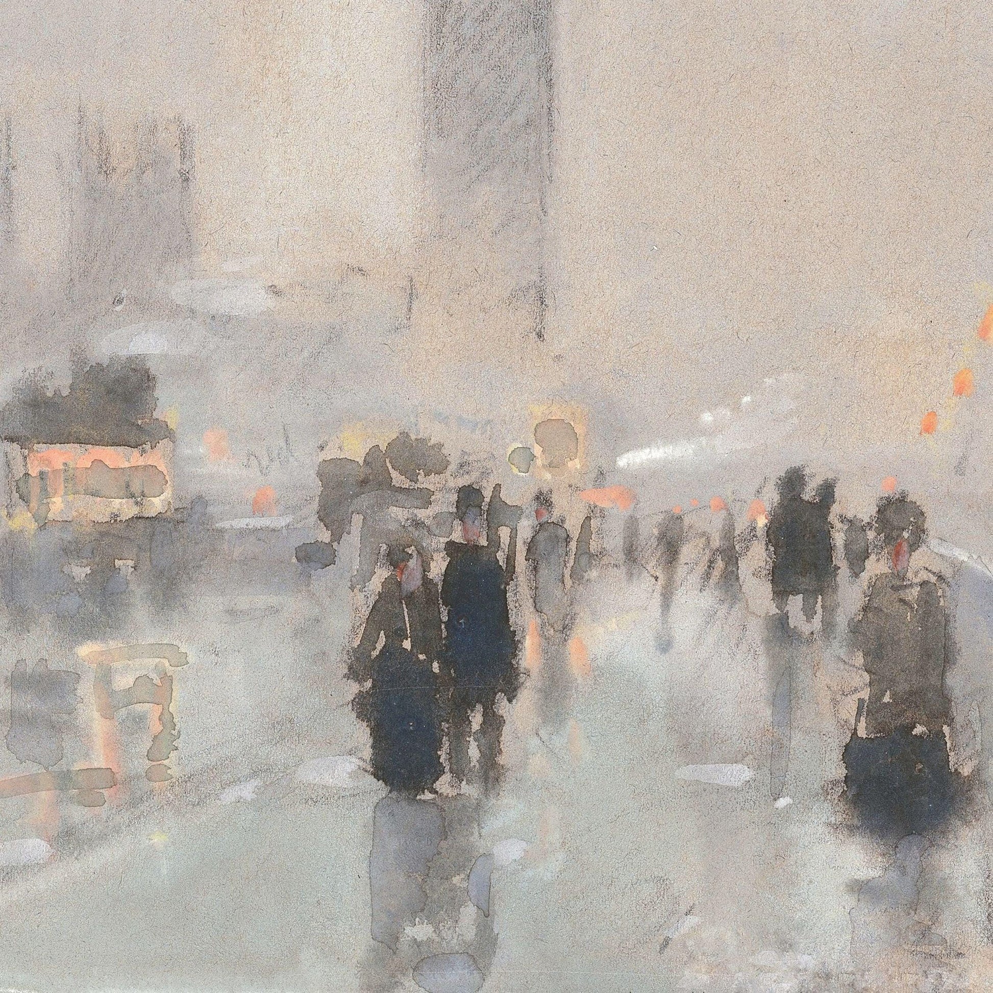 Painting of a city street scene with people walking in the rain.