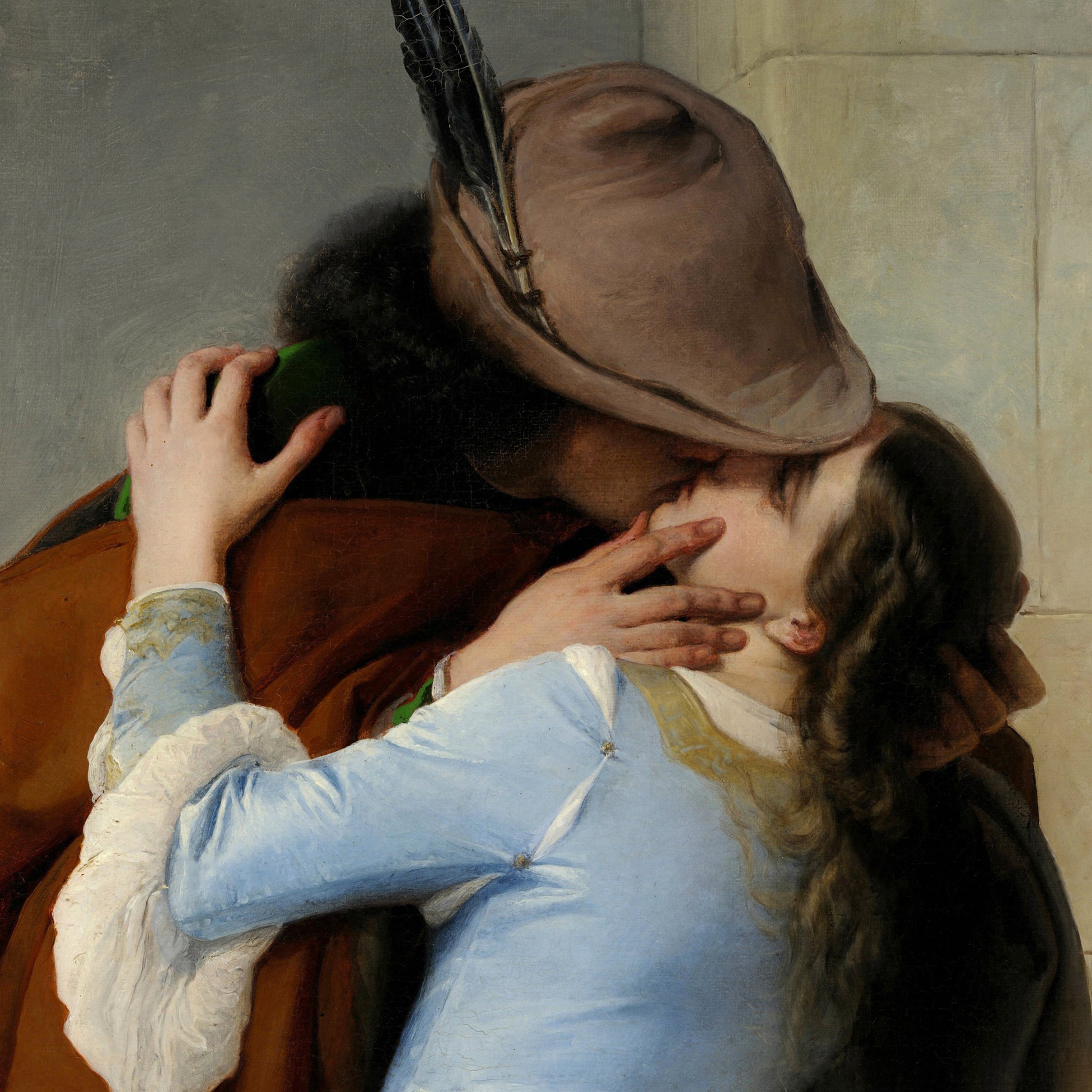 Painting of a couple embracing, closeup
