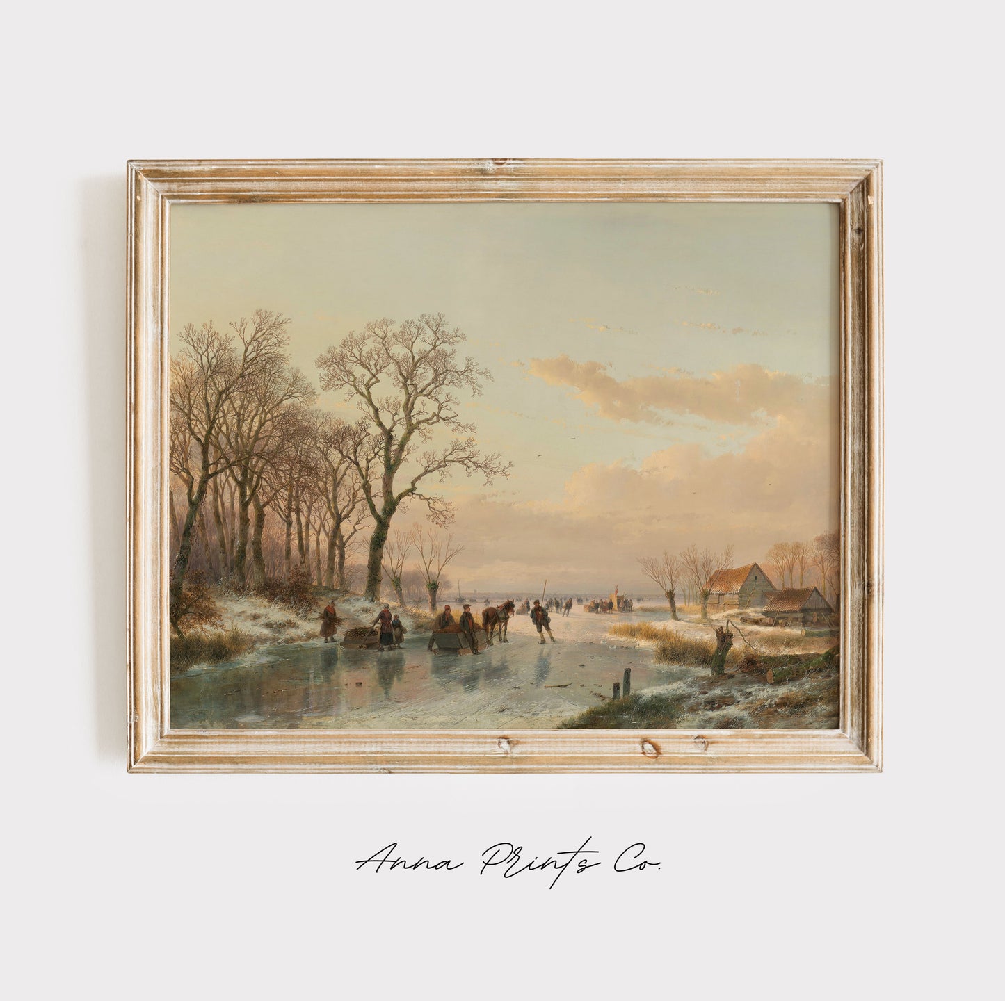 Vintage art print of Frozen Canal Winter Landscape displayed in wooden frame