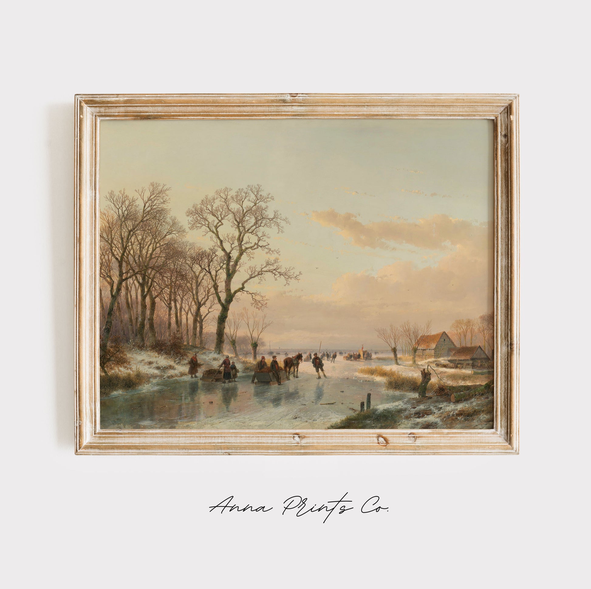 Vintage art print of Frozen Canal Winter Landscape displayed in wooden frame