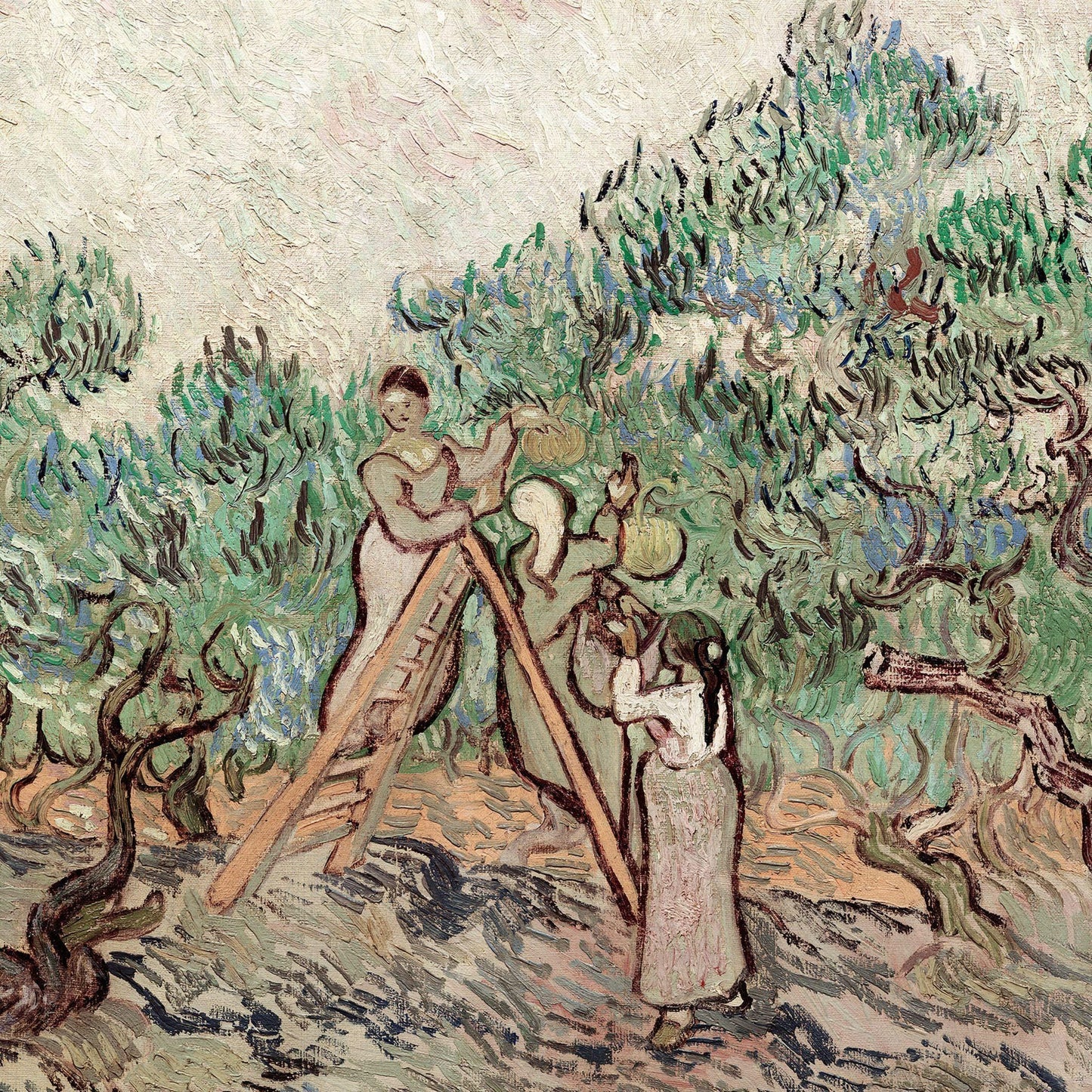 Artistic depiction of two women working in an olive grove, with a textured background.