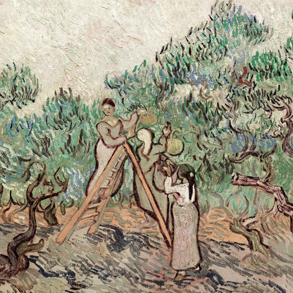 Artistic depiction of two women working in an olive grove, with a textured background.