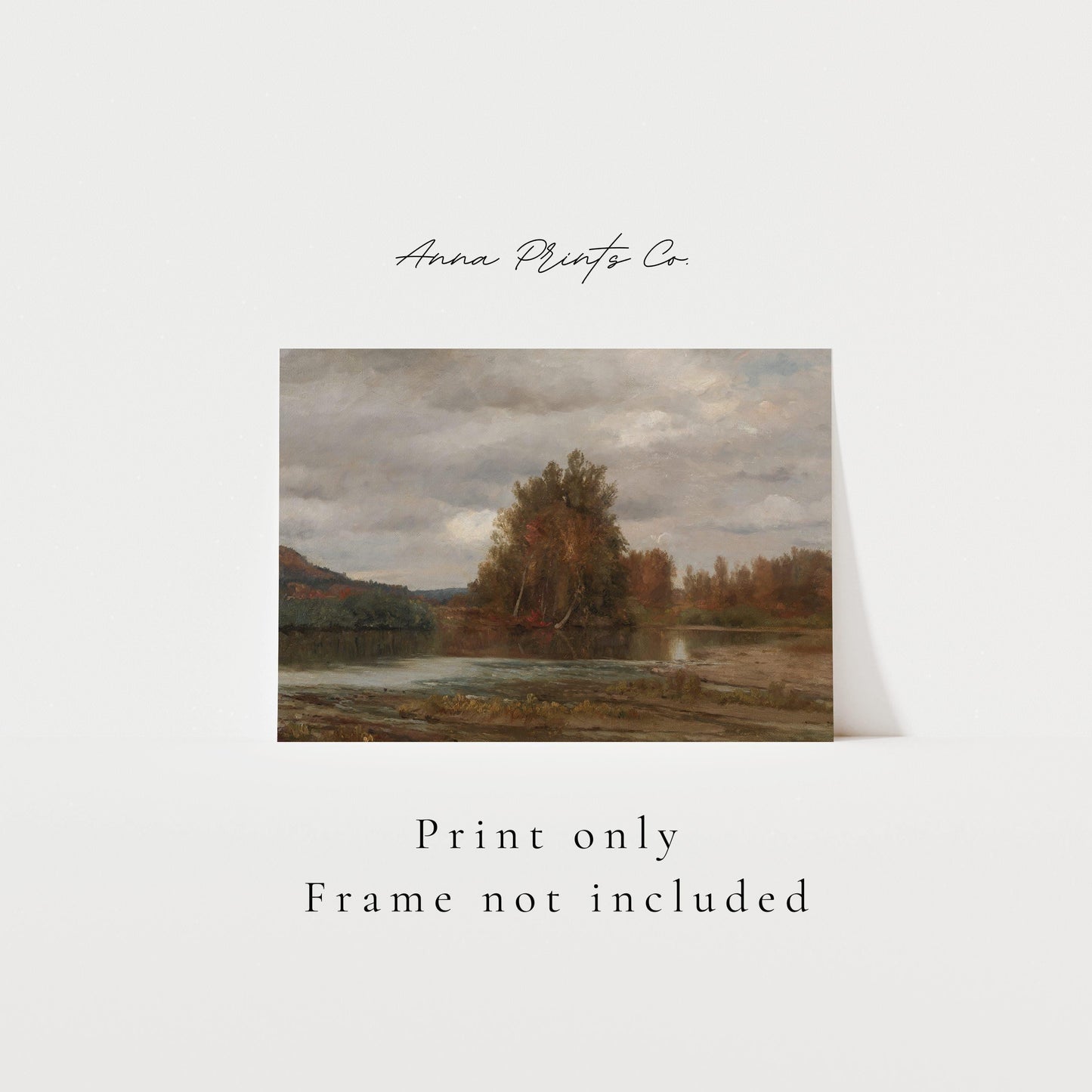 Vintage art print of Fall River Landscape Painting with text overlay stating frame not included