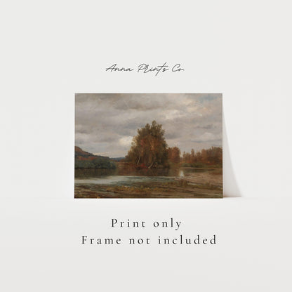 Vintage art print of Fall River Landscape Painting with text overlay stating frame not included