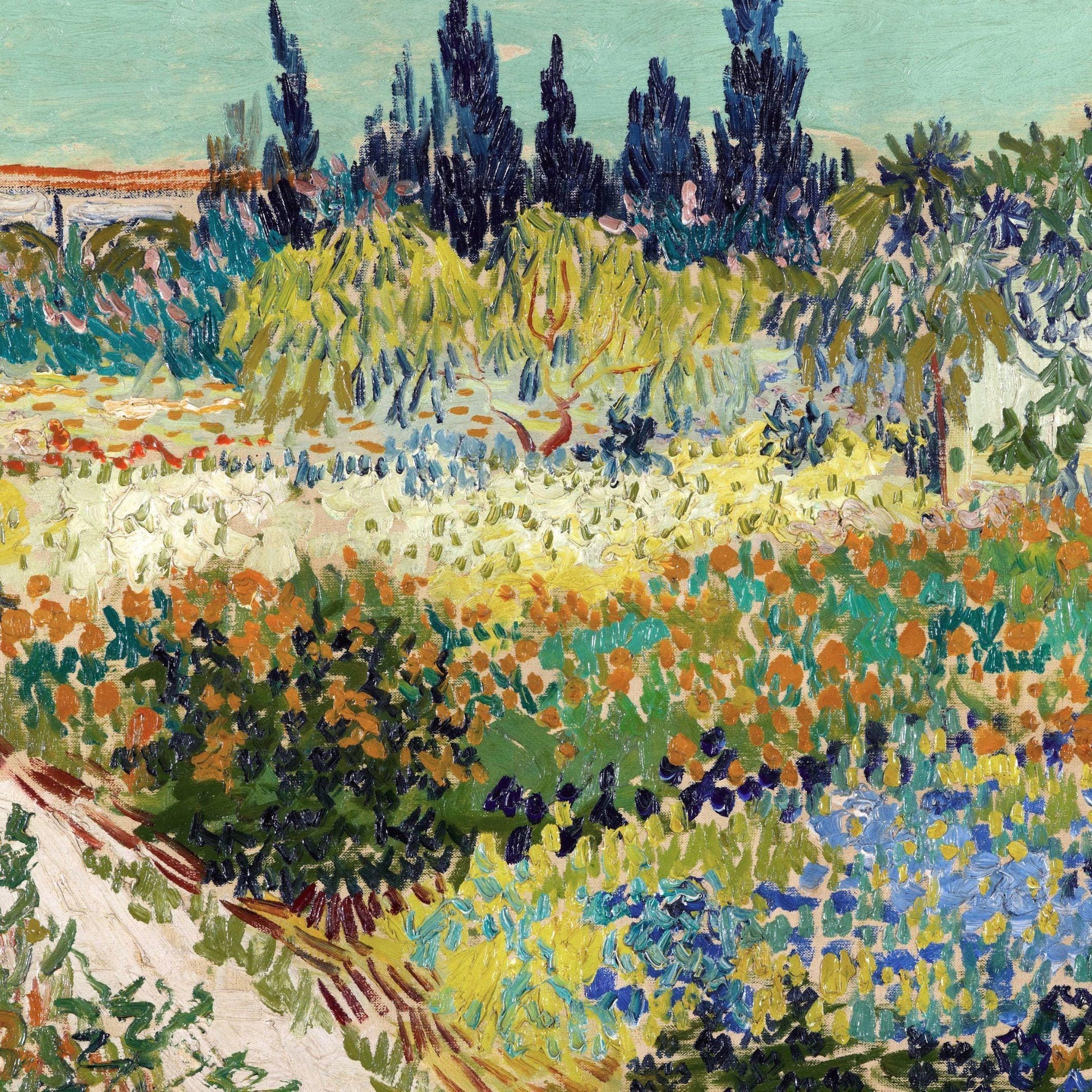 Colorful landscape painting with fields and trees