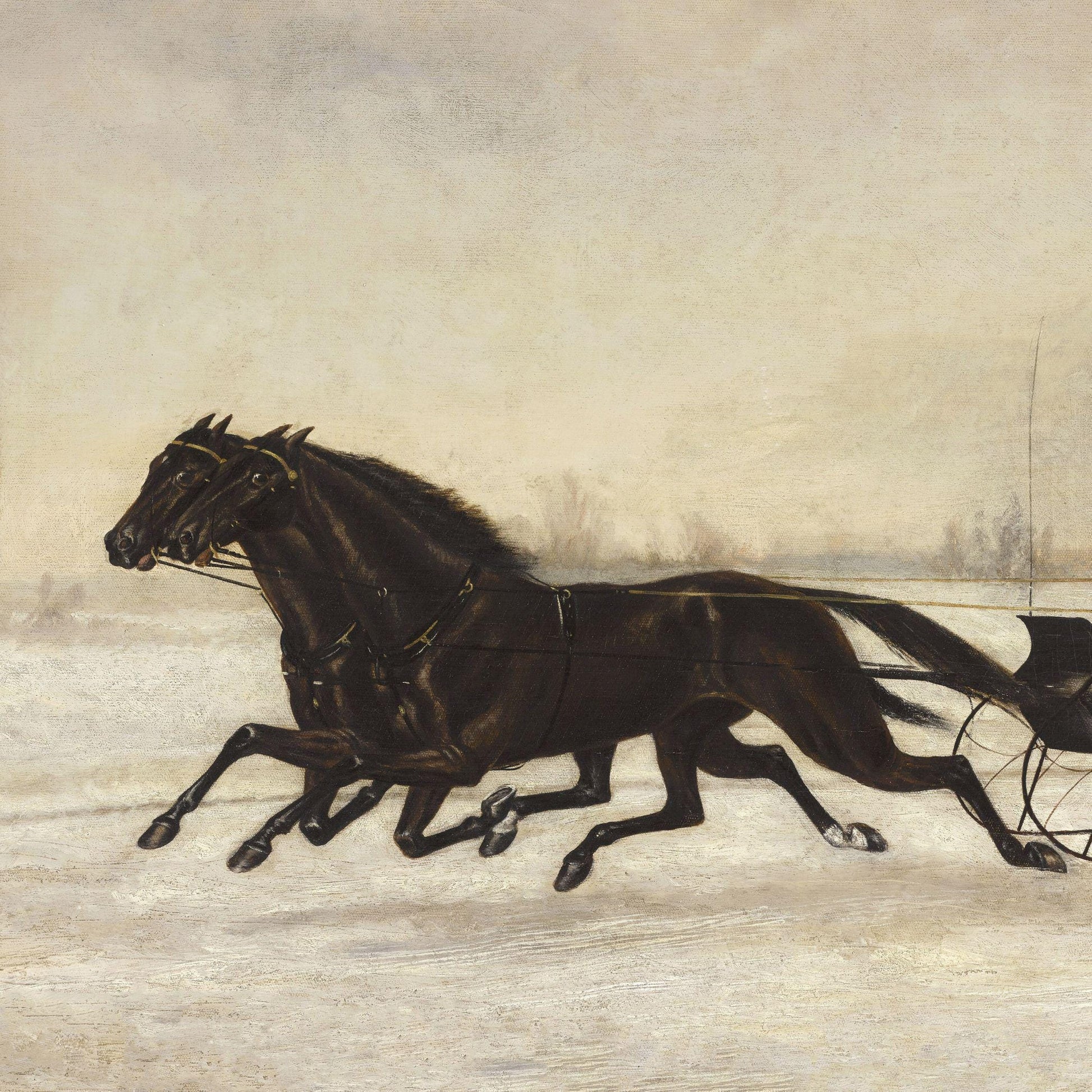 Painting of two horses pulling a sleigh in a snowy landcape
