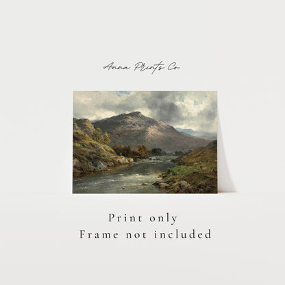 Vintage art print of Scottish Highlands Landscape with text overlay stating frame not included