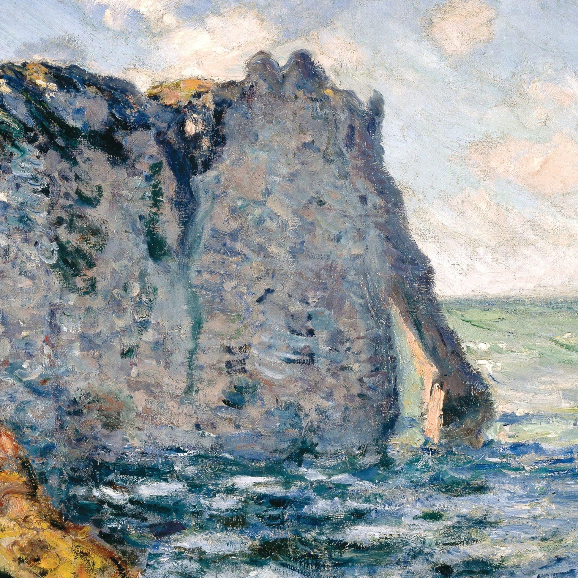Painting of a coastal scene with cliffs and ocean waves.