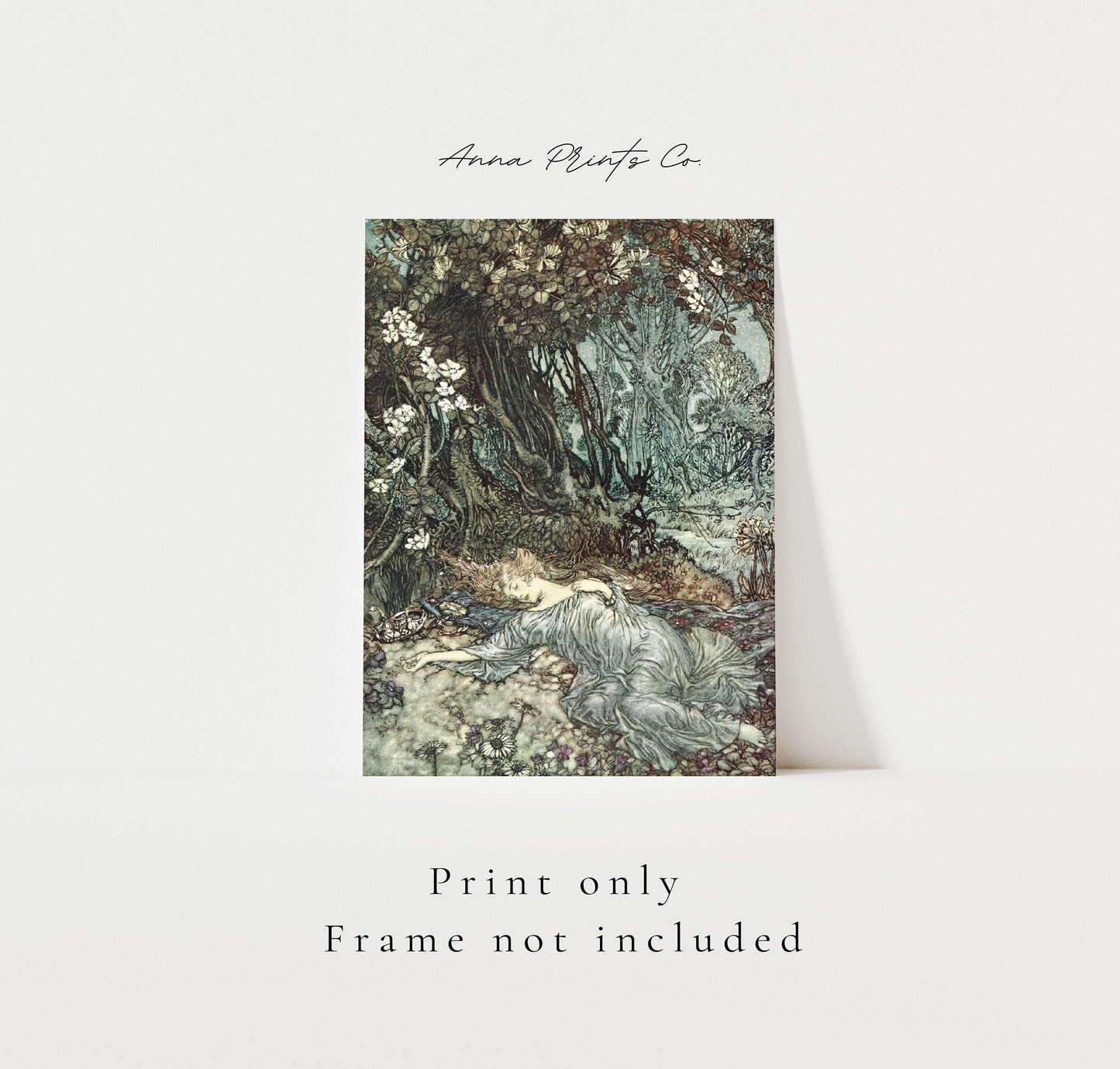 Vintage art print of Titania Asleep Illustration with text overlay stating frame not included