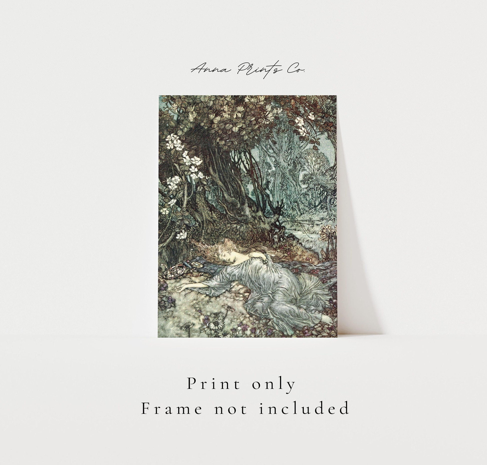 Vintage art print of Titania Asleep Illustration with text overlay stating frame not included