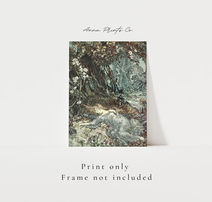 Vintage art print of Titania Asleep Illustration with text overlay stating frame not included
