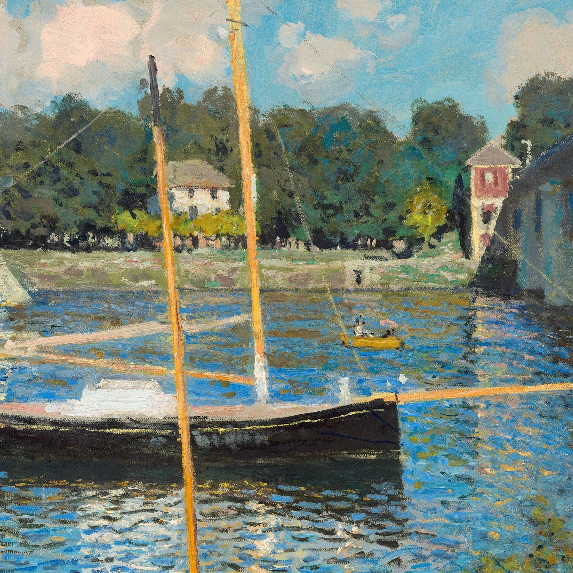 Painting of a harbor scene with boats and a house in the background