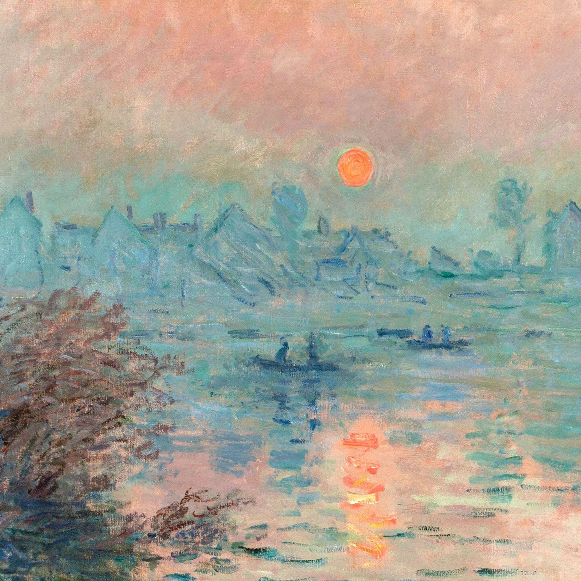 Painting of a sunset over a river with boats and buildings.