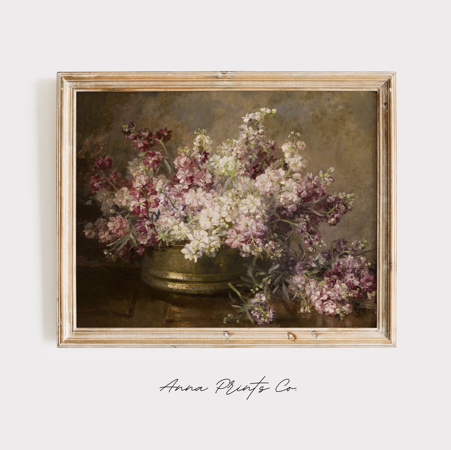 Vintage art print of Bowl with Flowers Still Life Painting displayed in wooden frame