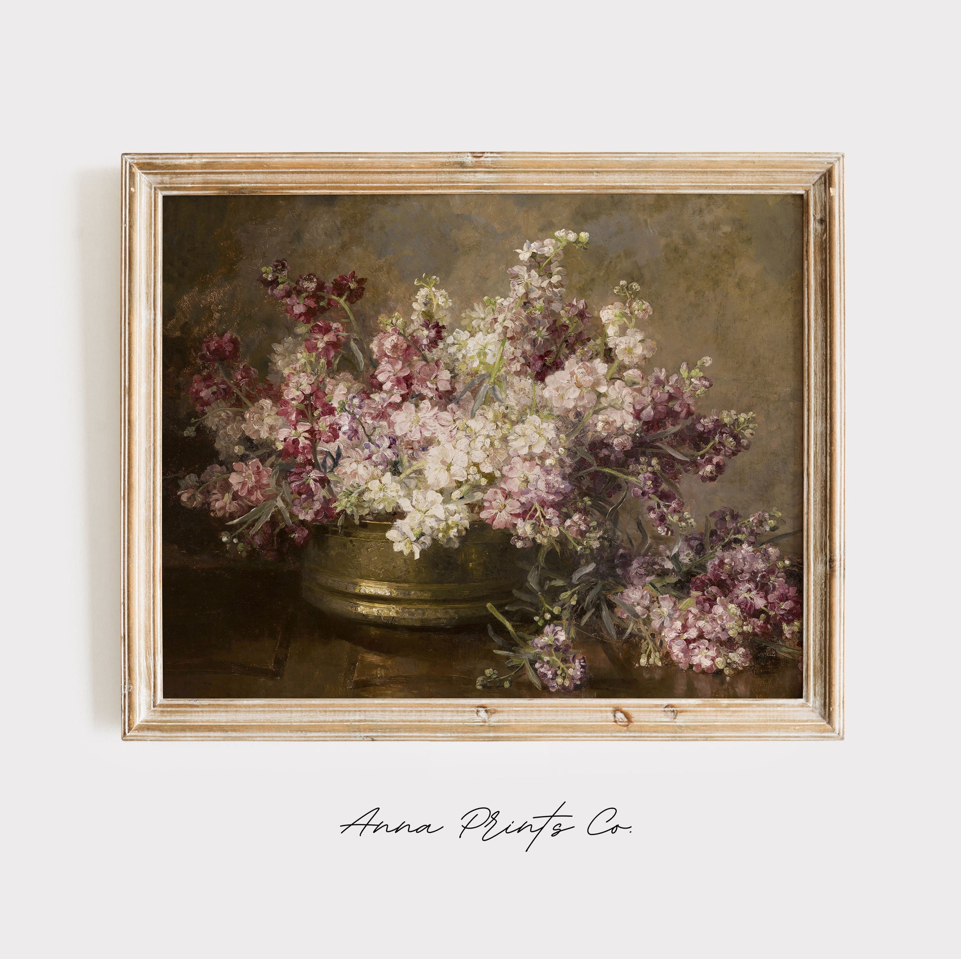 Vintage art print of Bowl with Flowers Still Life Painting displayed in wooden frame