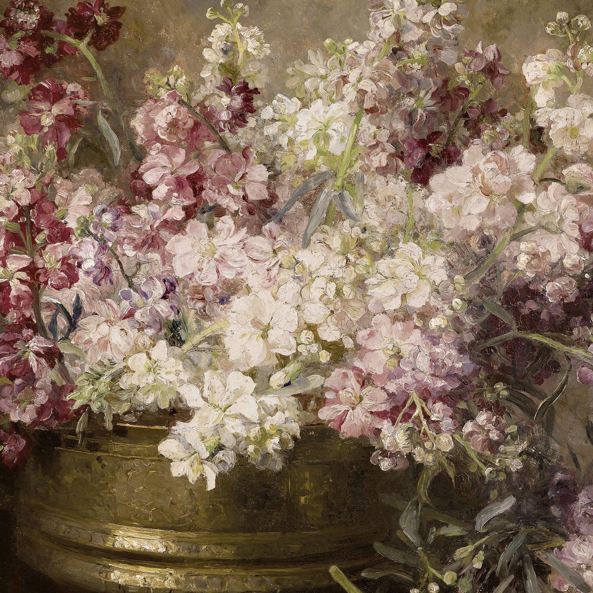 Bouquet of flowers in a brass container with a textured background