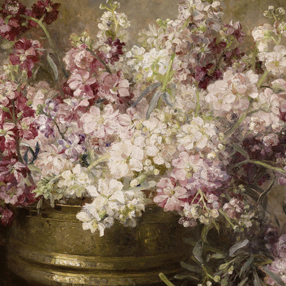 Bouquet of flowers in a brass container with a textured background