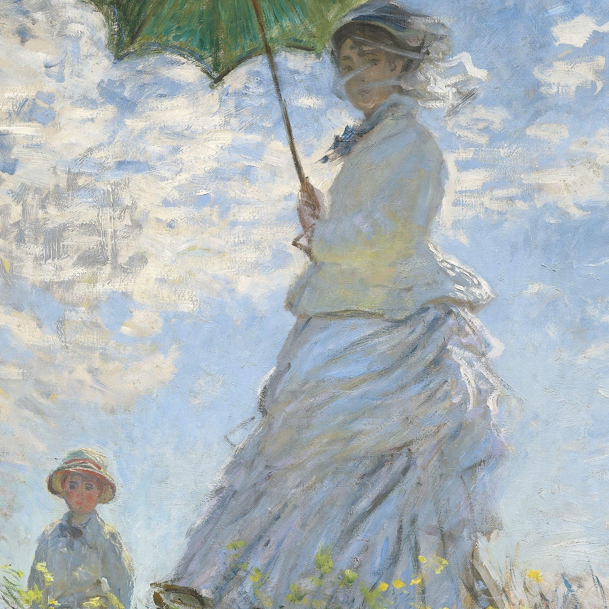 Painting of a woman holding an umbrella with a child in the background, against a blue sky.