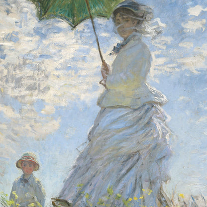 Painting of a woman holding an umbrella with a child in the background, against a blue sky.