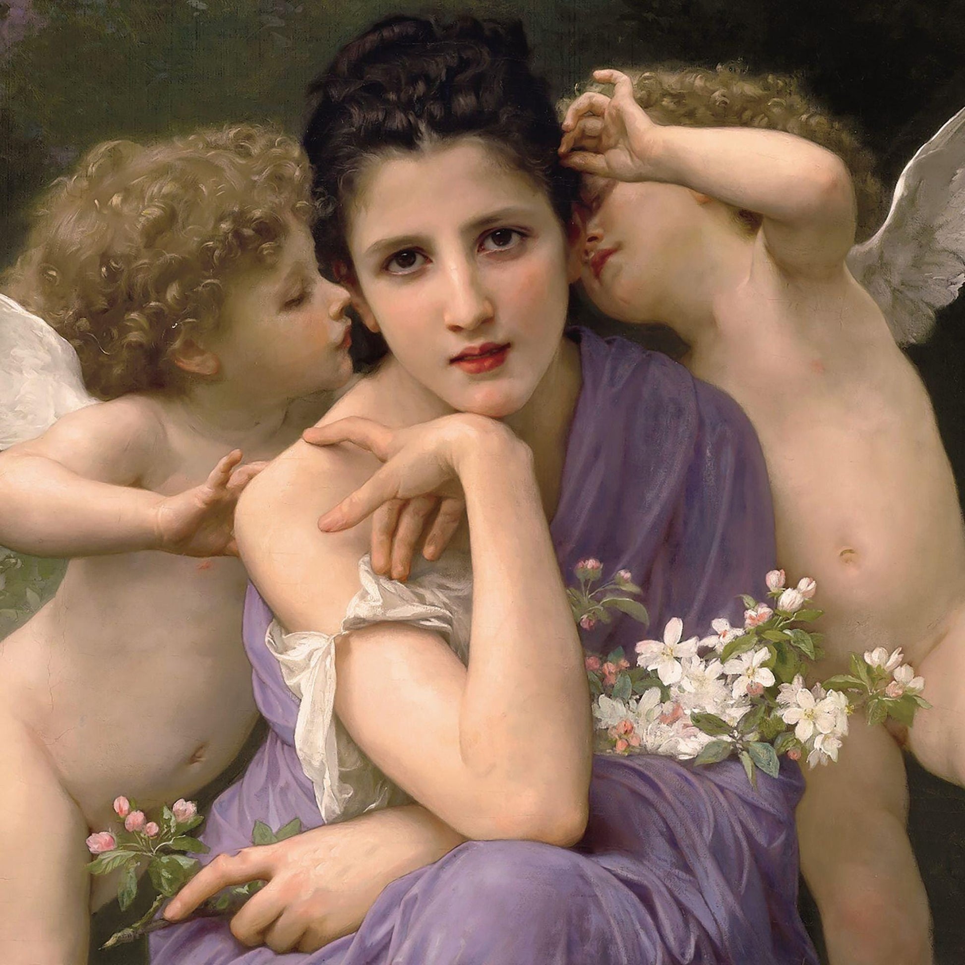 classical painting of a woman with two cherubs