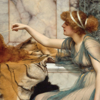 Woman with red hair and a blue dress holding a small object, surrounded by fur and marble wall.