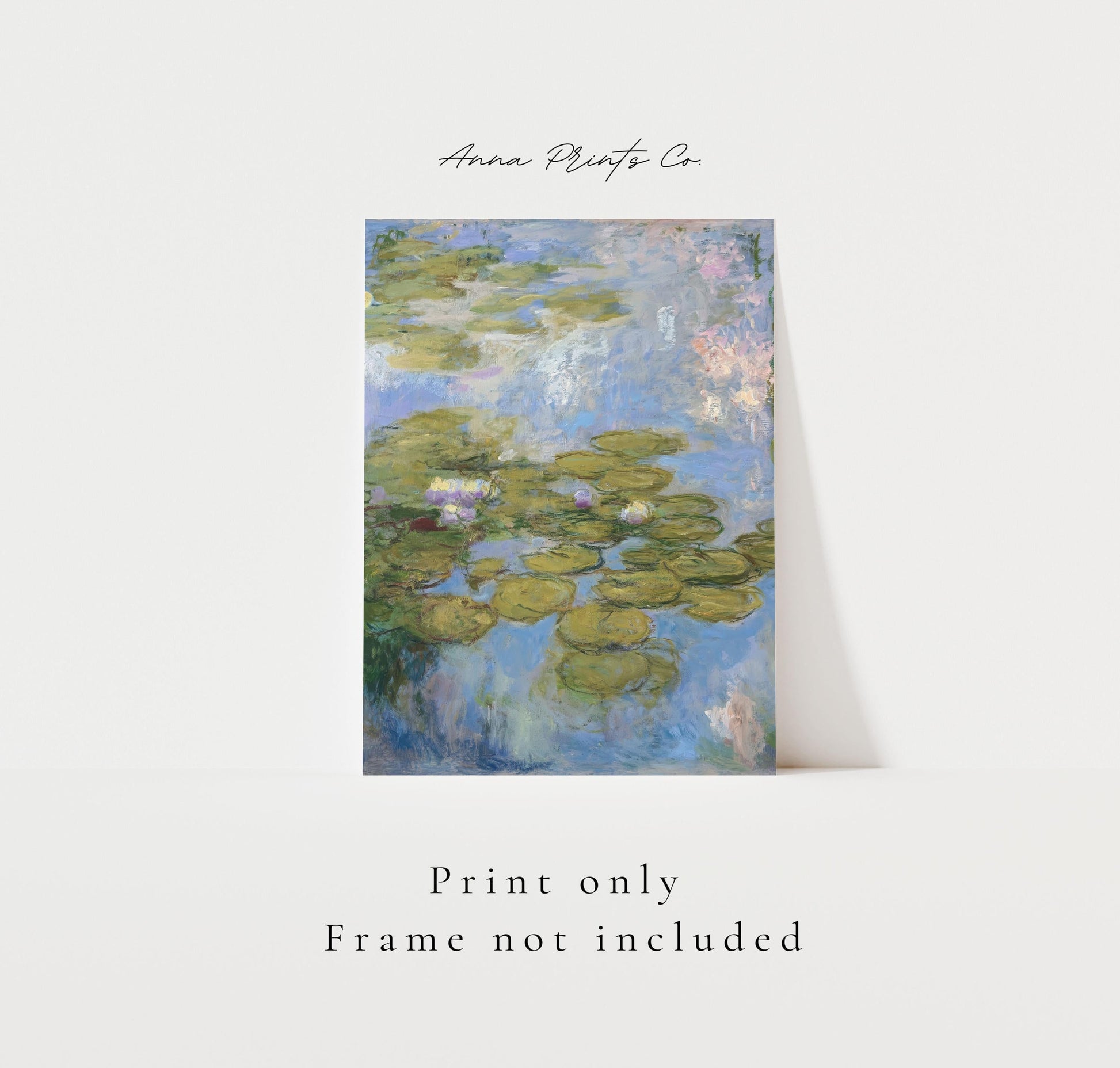 Vintage art print of Water Lilies by Monet, 1919) with text overlay stating frame not included