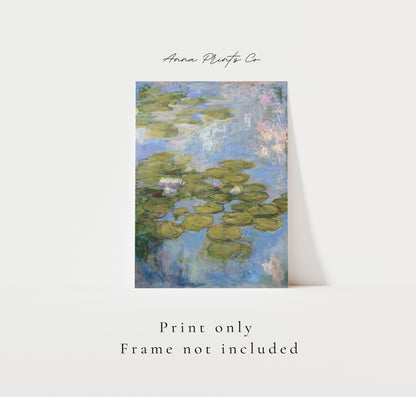 Vintage art print of Water Lilies by Monet, 1919) with text overlay stating frame not included