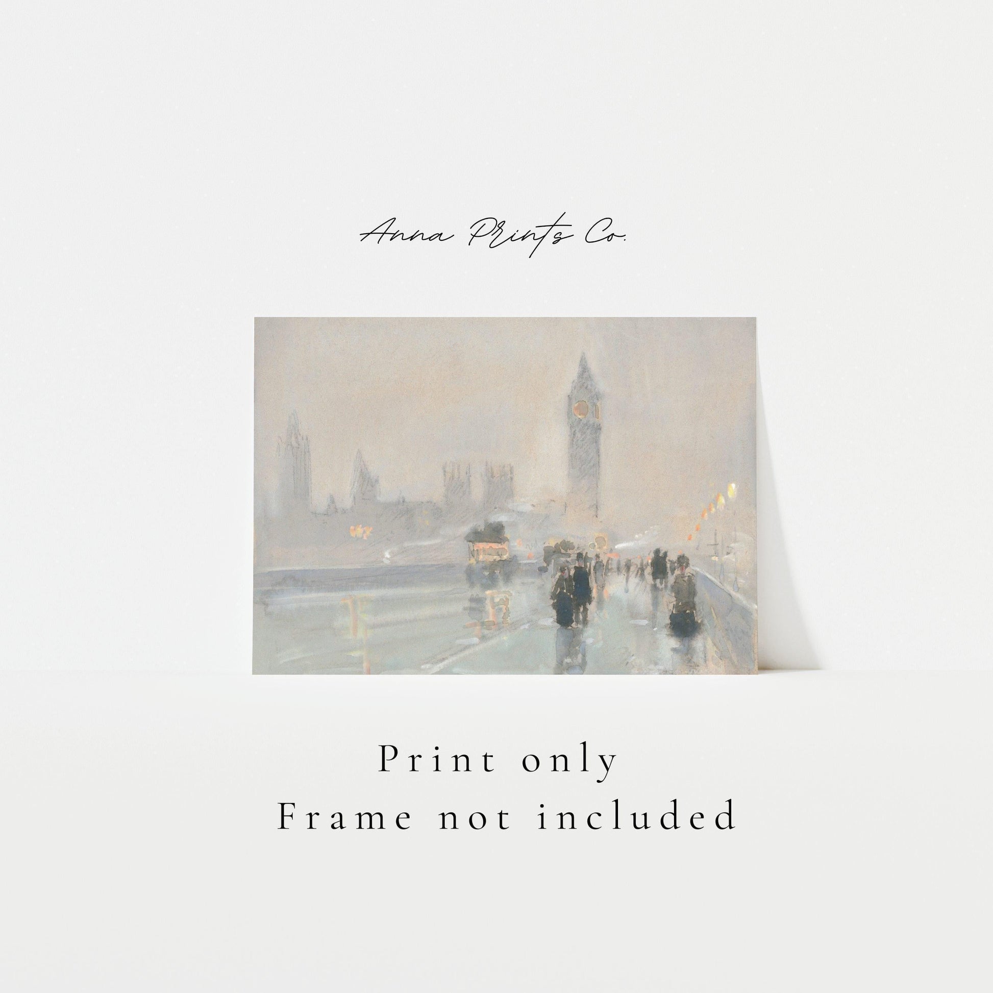 Vintage art print of Big Ben London Painting by Hassam with text overlay stating frame not included