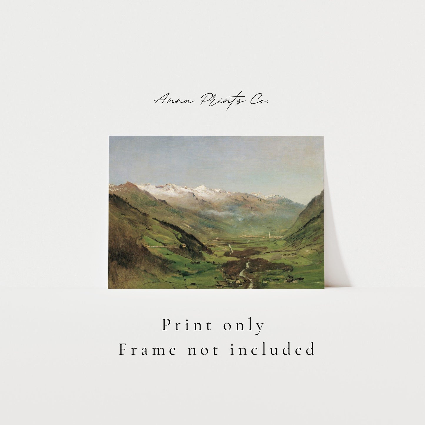 Vintage art print of The Gastein Valley I Rustic Landscape with text overlay stating frame not included