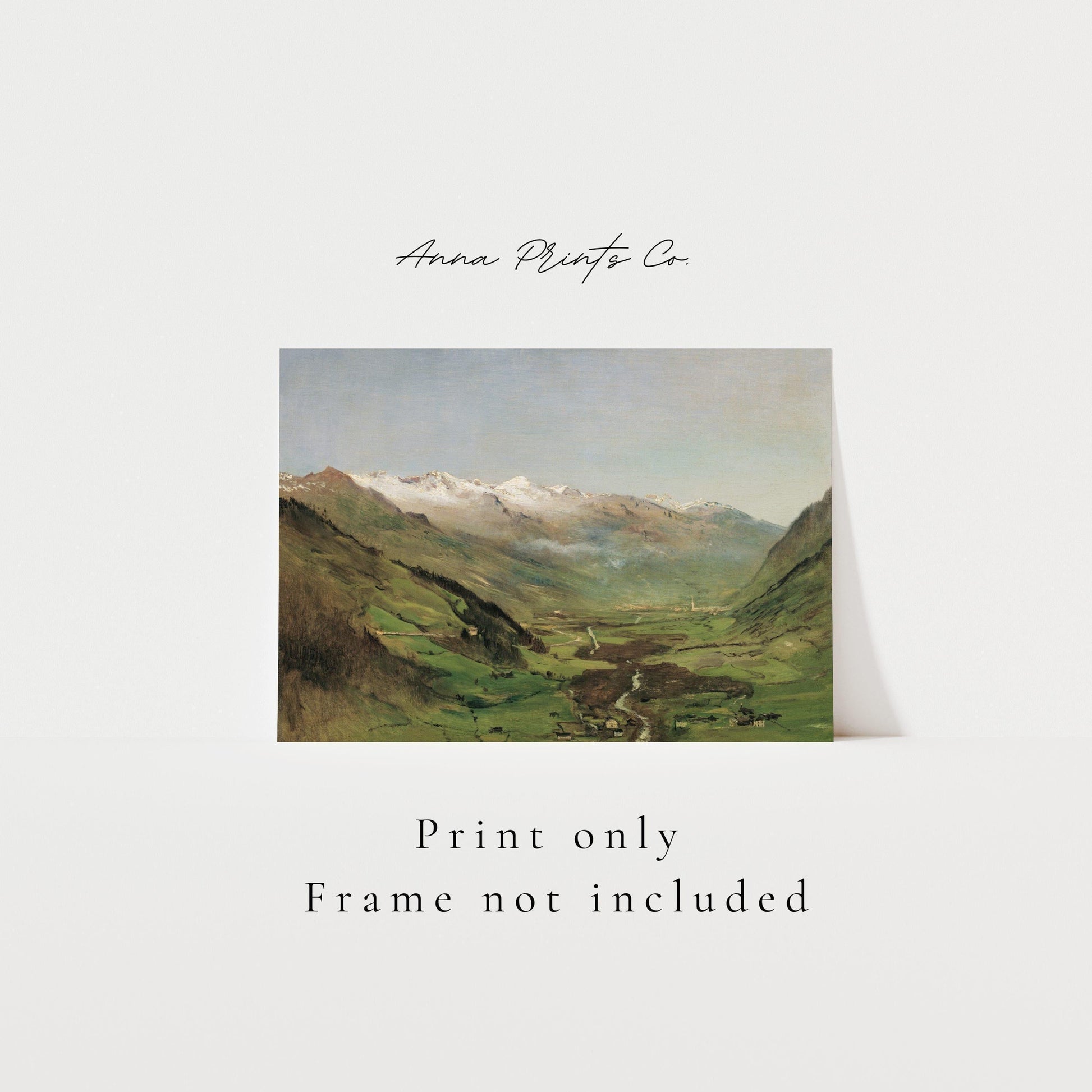 Vintage art print of The Gastein Valley I Rustic Landscape with text overlay stating frame not included