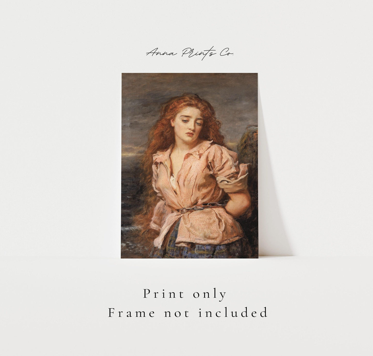 Vintage art print of The Martyr of the Solway by Millais with text overlay stating frame not included