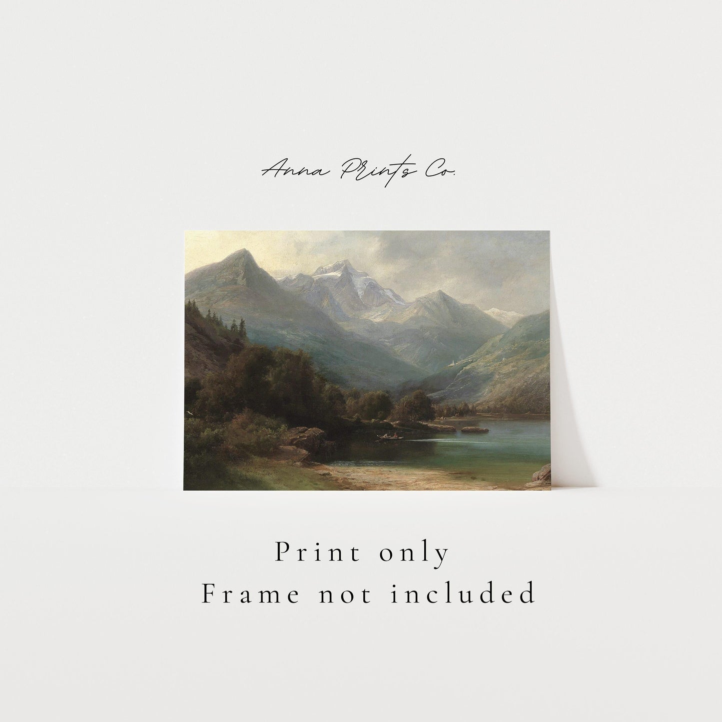 Vintage art print of Rustic Nature Mountain Landscape with text overlay stating frame not included