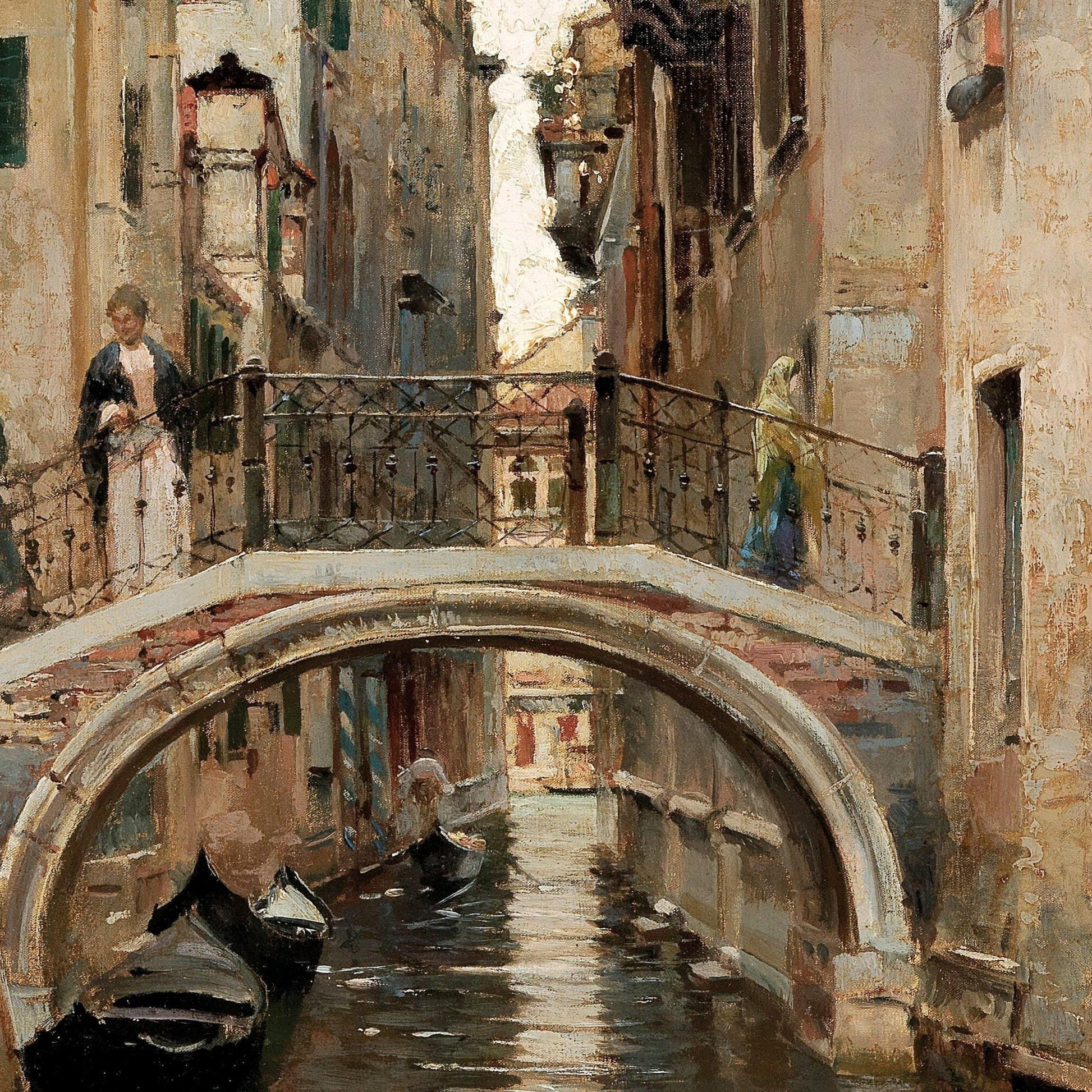 Painting of a canal scene with a bridge and people in Venice